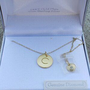 18kt gold-plated Genuine Diamond Pendant Initial Letter C Necklace 18" chain